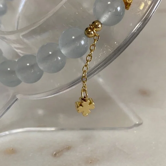 Natural White Agate & Aquamarine Half Bangle Bracelet - Handcrafted Artisan - Picture 3 of 8